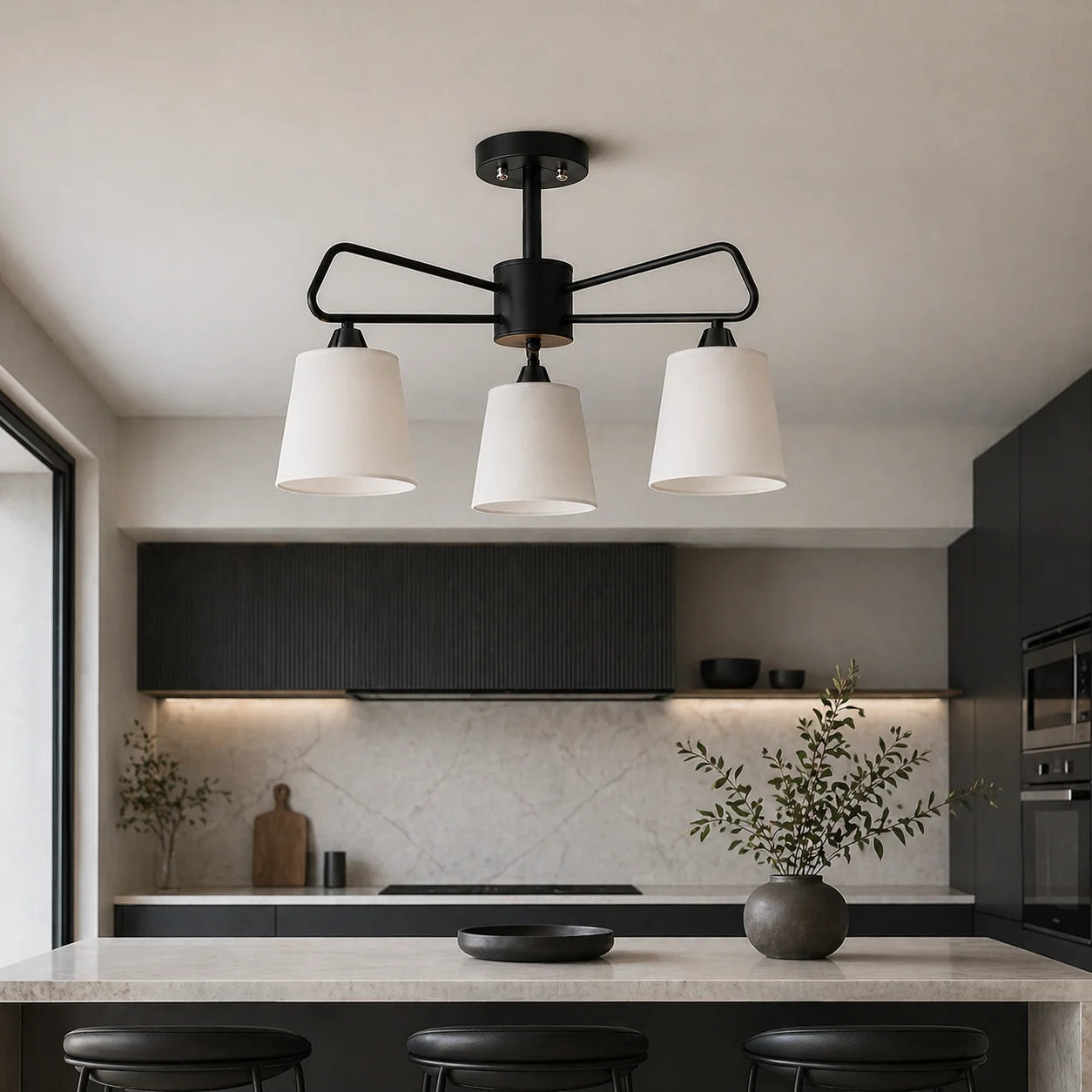 Suspension 3 Abat-Jours Tissu Blanc Structure Noire | Volta