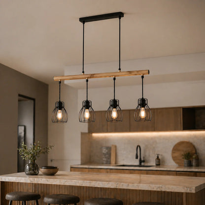 Suspension 4 Abat-Jours Filaires Cage Bois | Forge