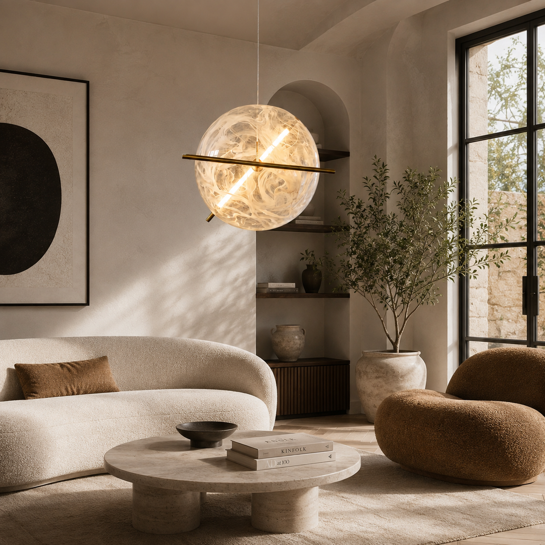 Suspension Boule Effet Albâtre & Laiton, LED Intégrée - Opal