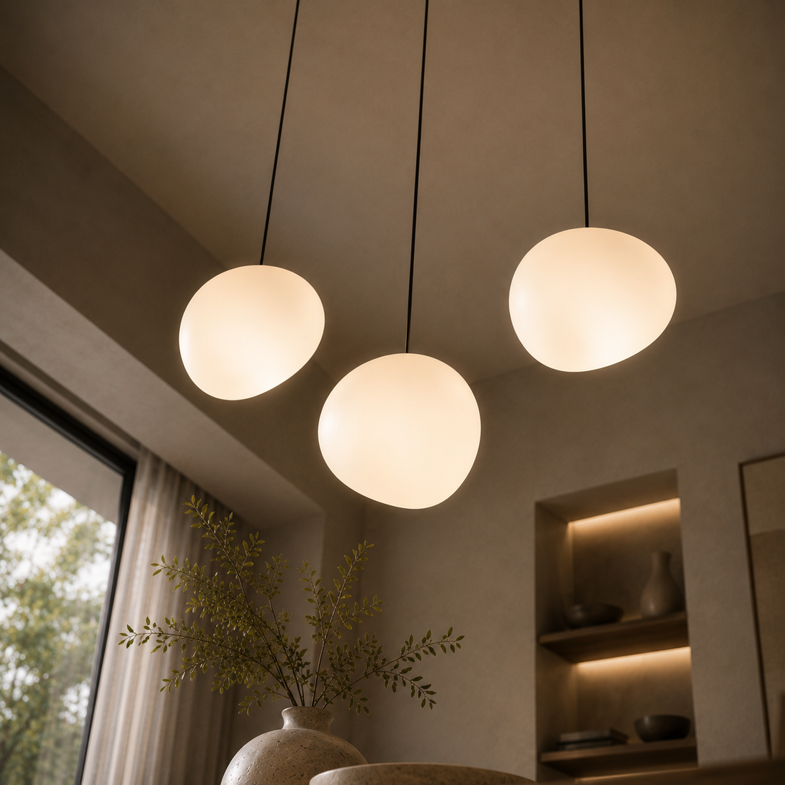 Suspension Barre 3 Galets en Verre Blanc & Noir - Zeta II