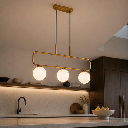 Suspension 3 Globes Verre Opale Structure Laiton | Aurora