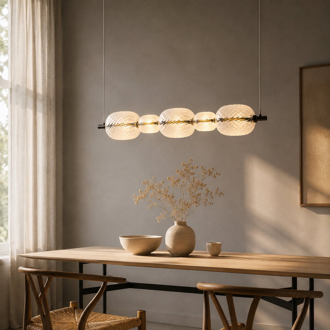 Suspension Linéaire 5 Globes en Verre Soufflé Texturé, LED Intégrée - Lume