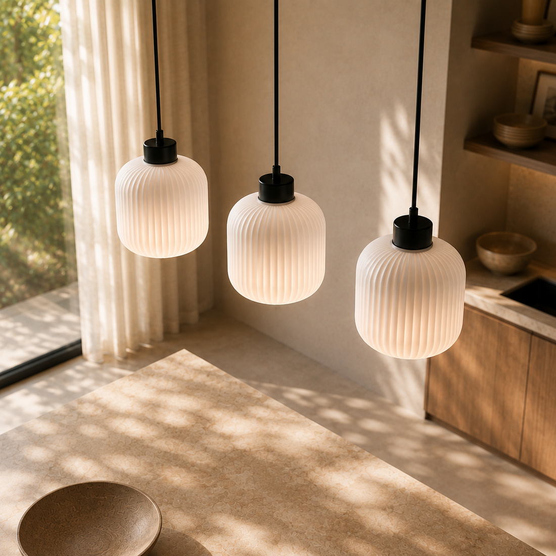 Suspension Barre 3 Lampes en Verre Opale Côtelé - Neva