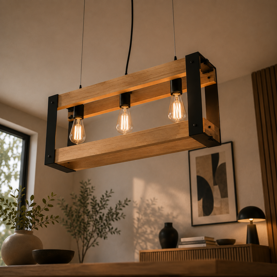 Suspension 3 Lampes en Acier & Bois - Teka