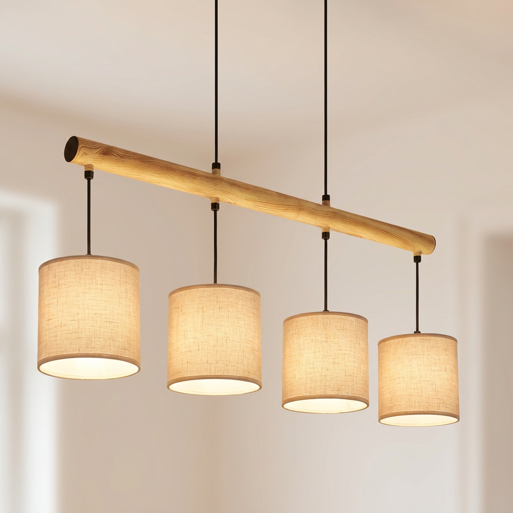 Suspension 4 Lampes en Métal Noir & Abat-jour Tissu - Loft