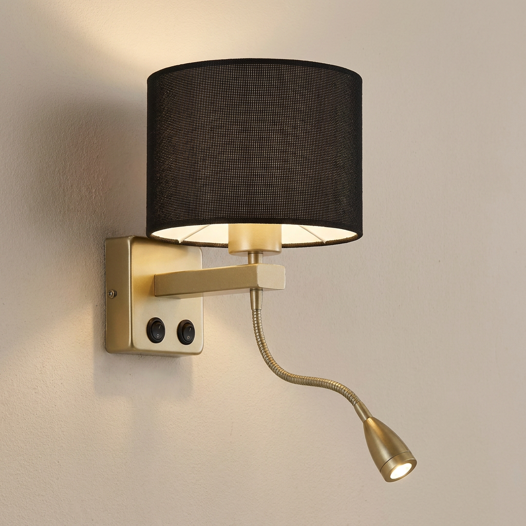 Applique murale 2 Lampes LED Acier Tissu Noir Doré | Polo