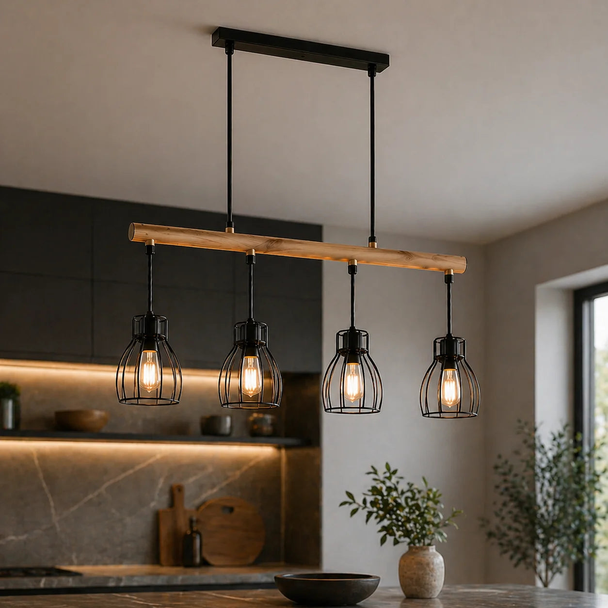 Suspension 4 Abat-Jours Filaires Cage Bois | Forge