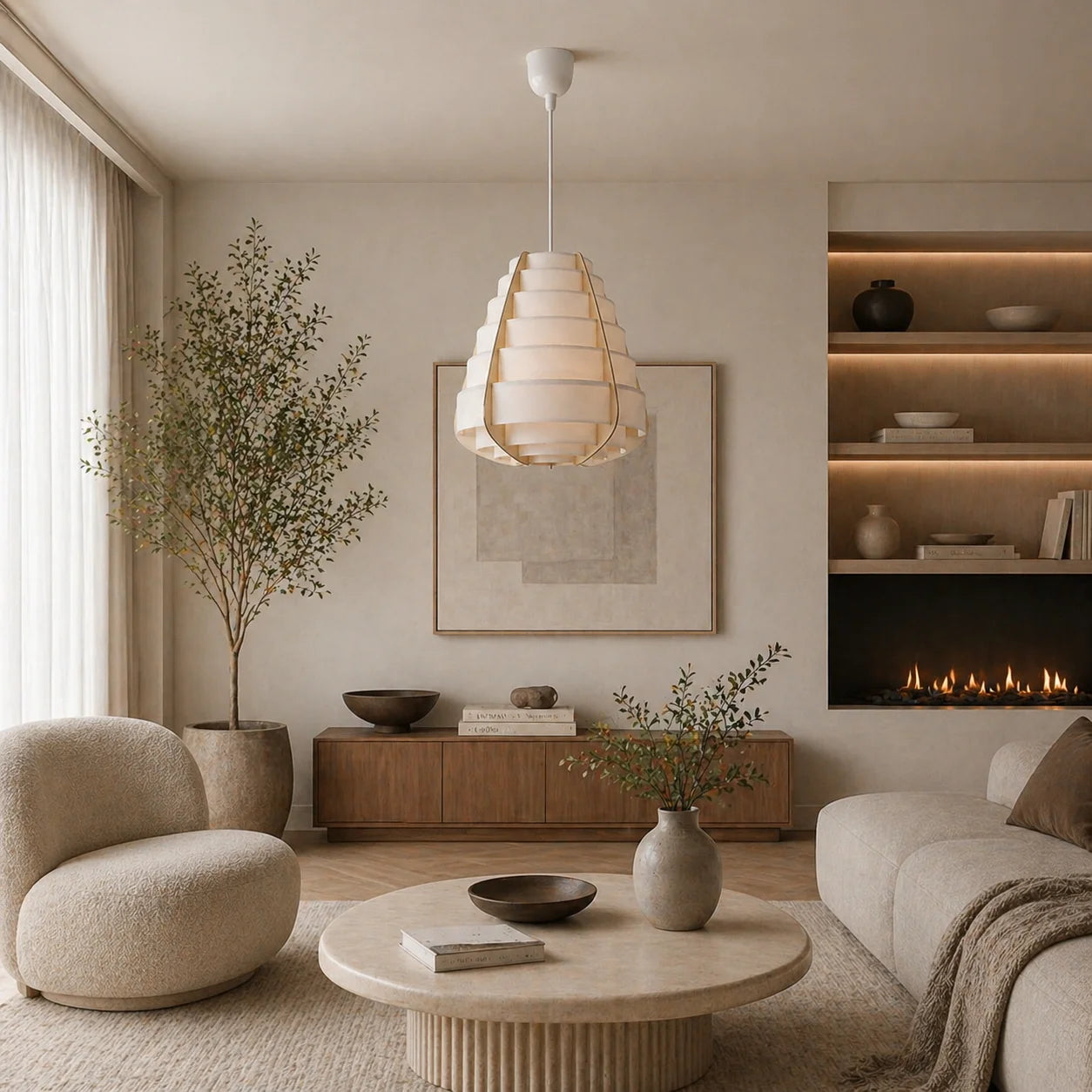 Suspension Abat-Jour Plastique Blanc Lattes Bois | Hana