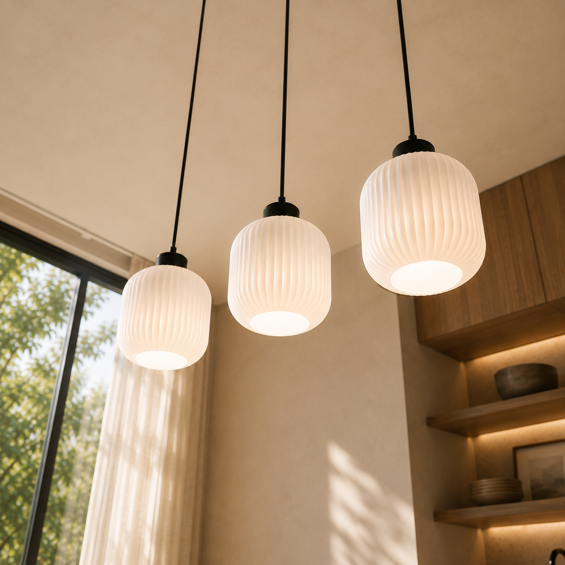 Suspension Barre 3 Lampes en Verre Opale Côtelé - Neva