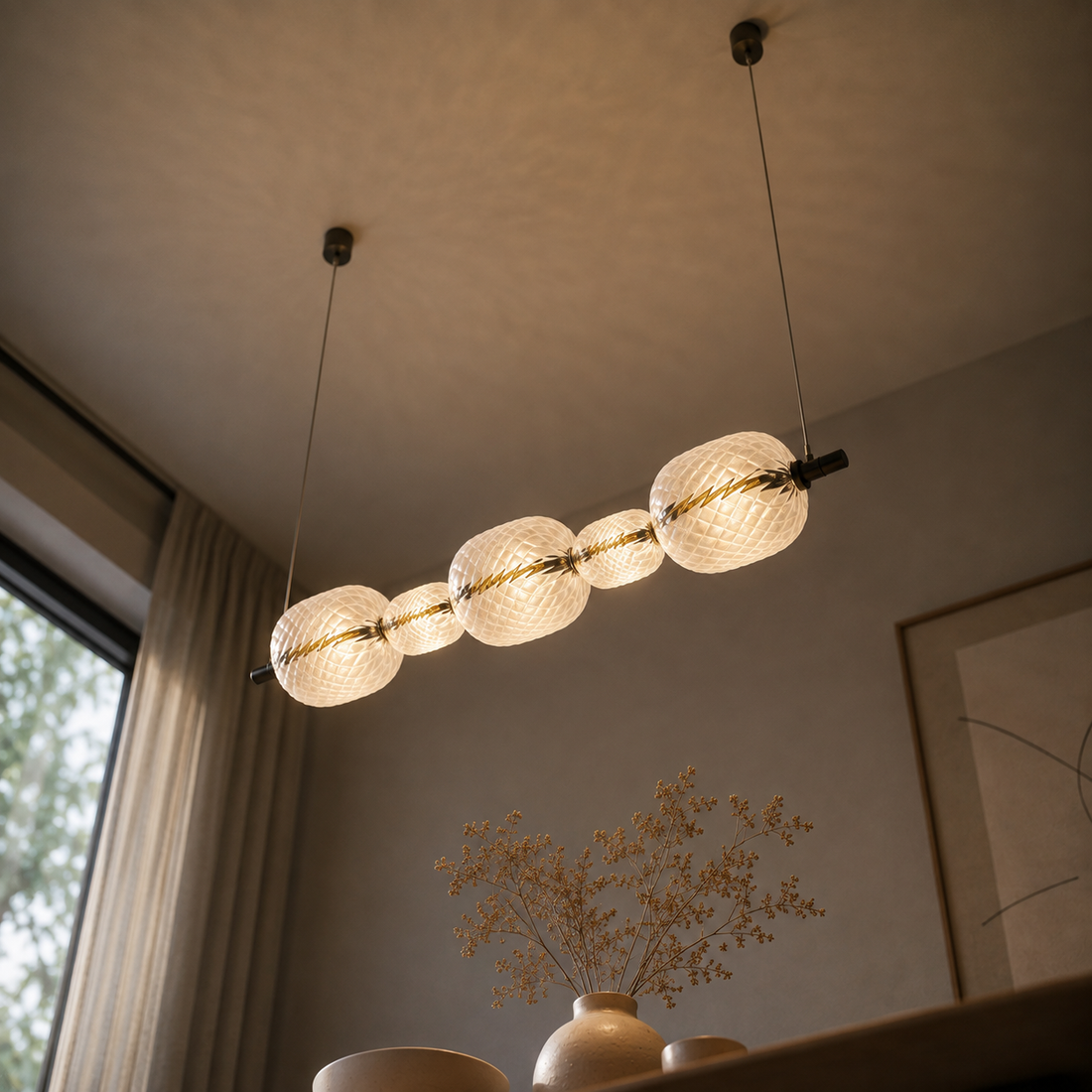 Suspension Linéaire 5 Globes en Verre Soufflé Texturé, LED Intégrée - Lume