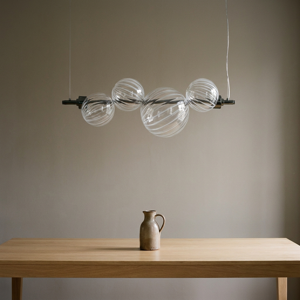 Suspension Barre 4 Sphères en Verre Torsadé, LED Intégrée - Vega
