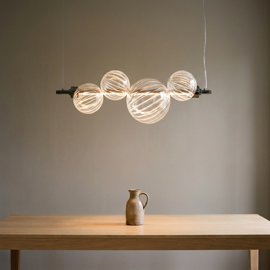 Suspension Barre 4 Sphères en Verre Torsadé, LED Intégrée - Vega