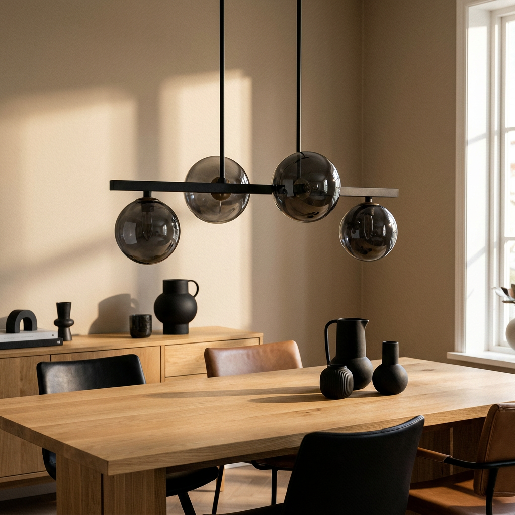 Suspension 4 Lampes Acier Verre Noir