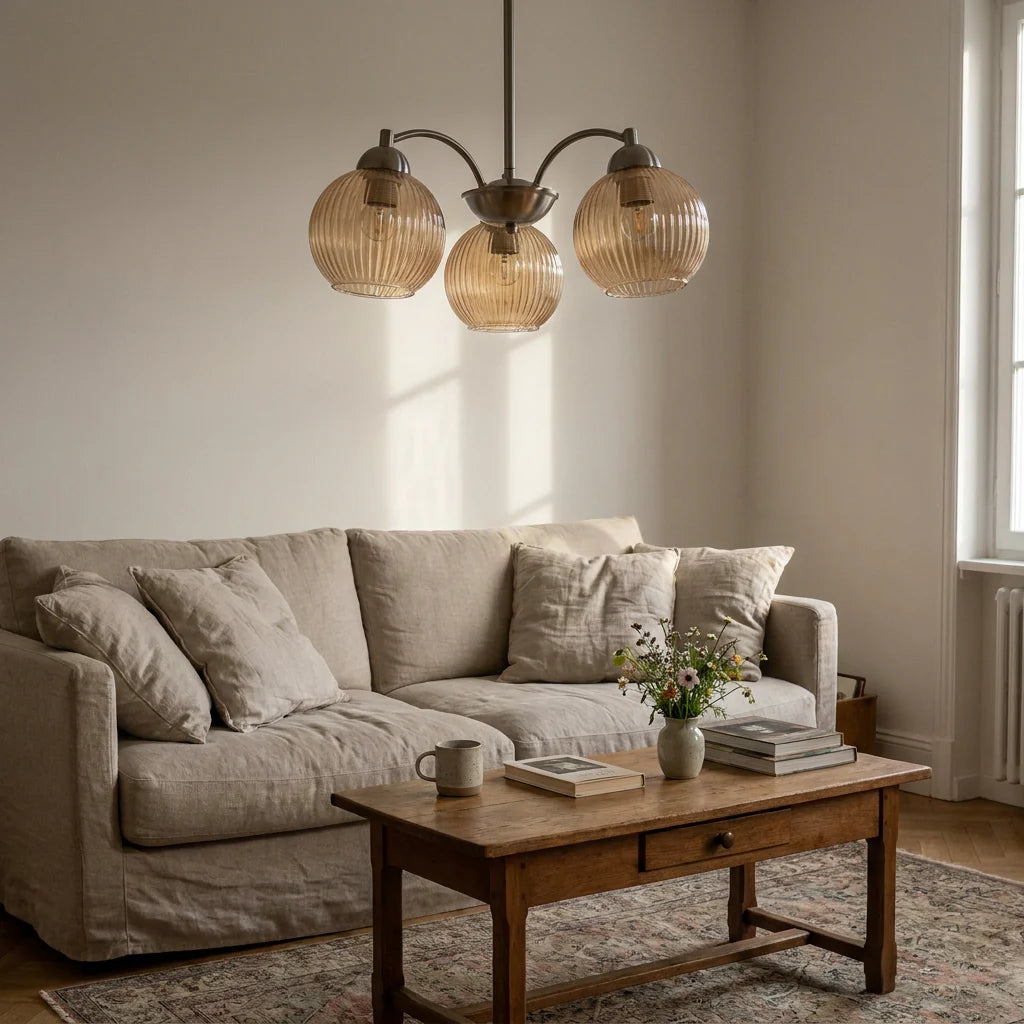 Suspension 3 Lampes Métal Verre Nickel Mat