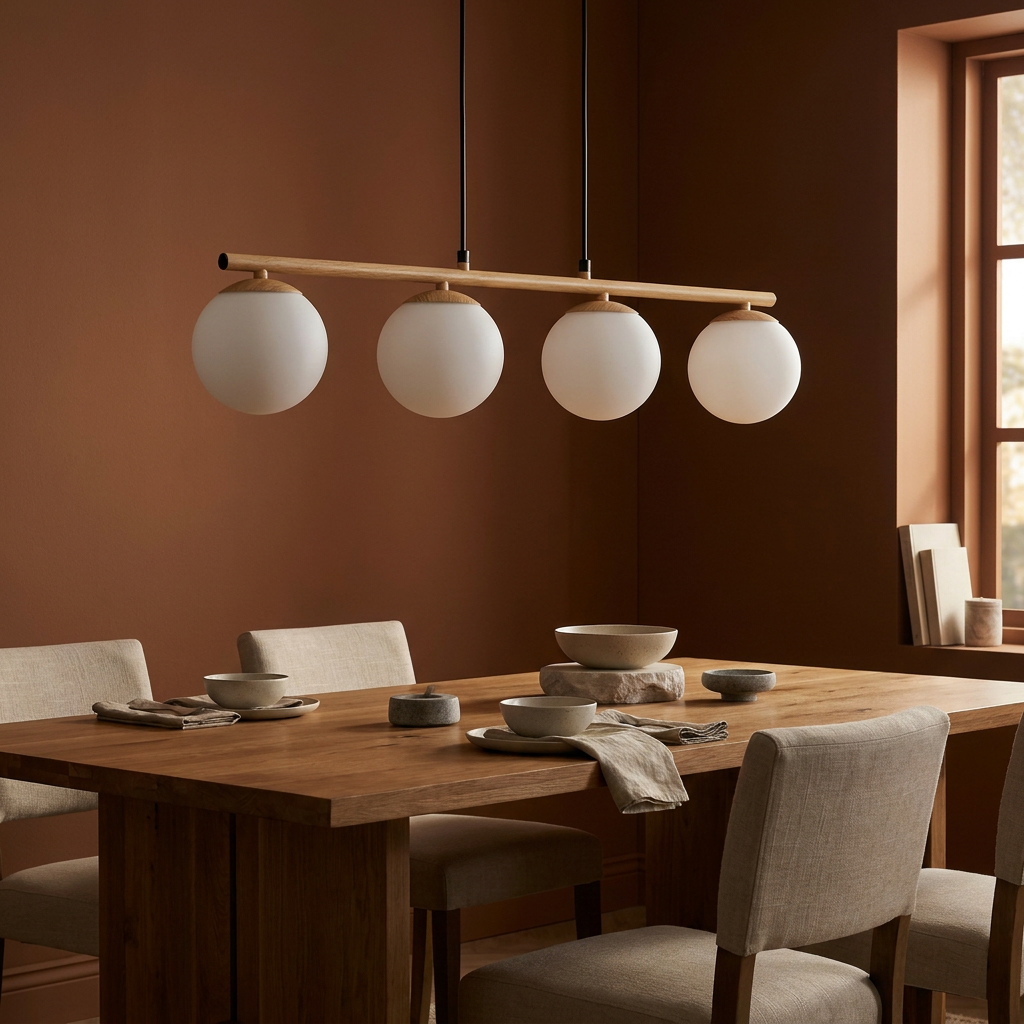 Suspension 4 Lampes en Verre, Métal Blanc & Bois - Bora