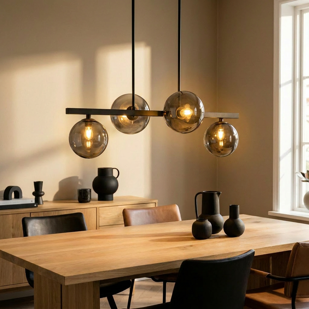 Suspension 4 Lampes Acier Verre Noir