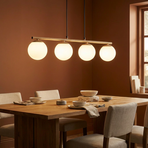 Suspension 4 Lampes en Verre, Métal Blanc & Bois - Bora