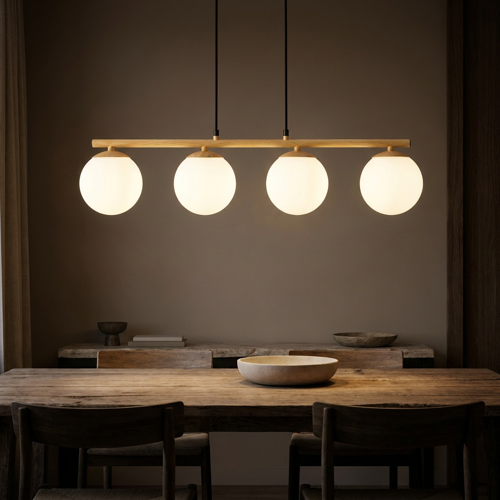 Suspension 4 Lampes en Verre, Métal Blanc & Bois - Bora