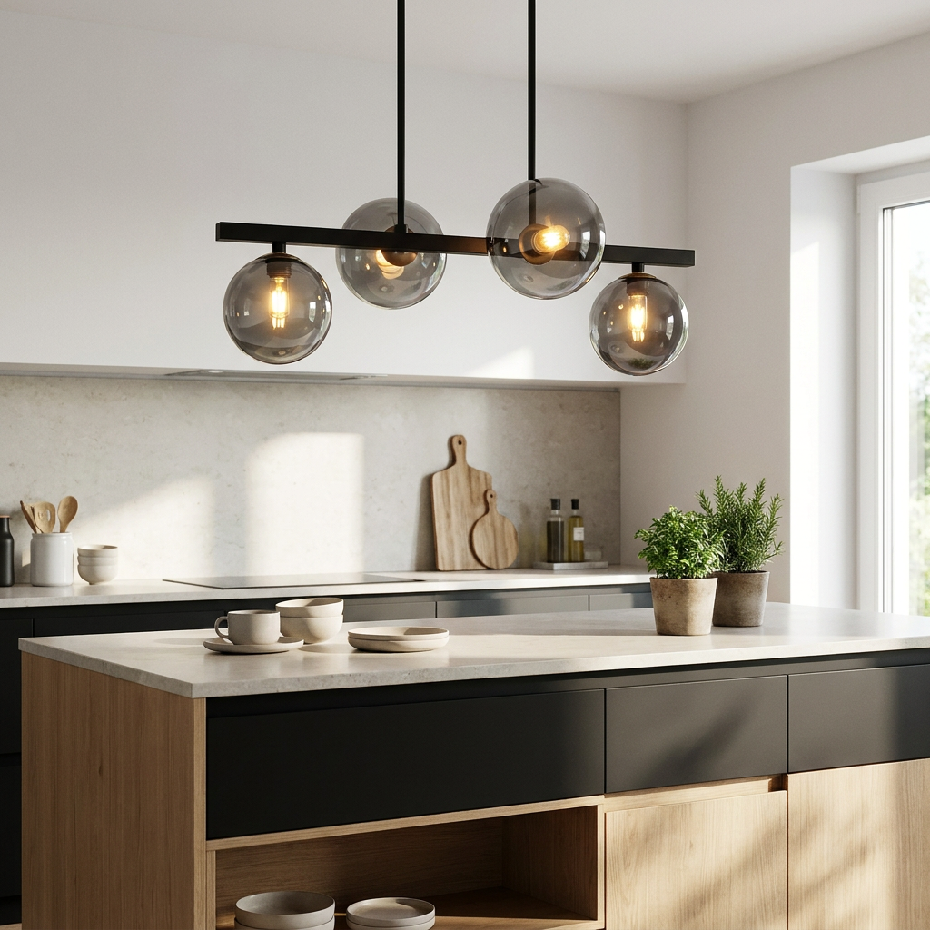 Suspension 4 Lampes Acier Verre Noir