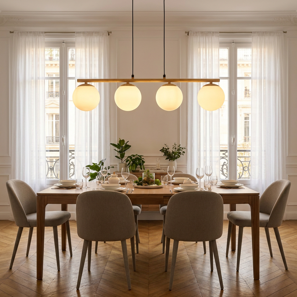Suspension 4 Lampes en Verre, Métal Blanc & Bois - Bora