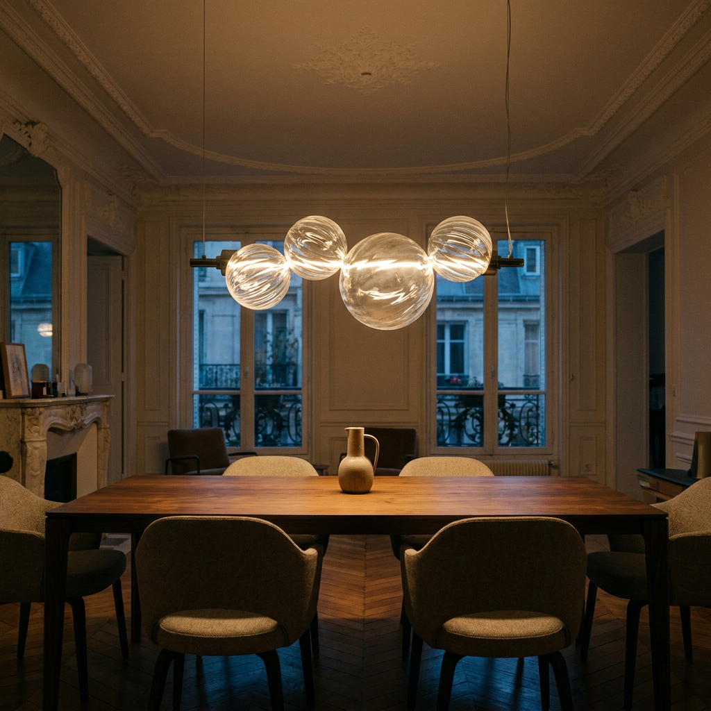 Suspension Barre 4 Sphères en Verre Torsadé, LED Intégrée - Vega