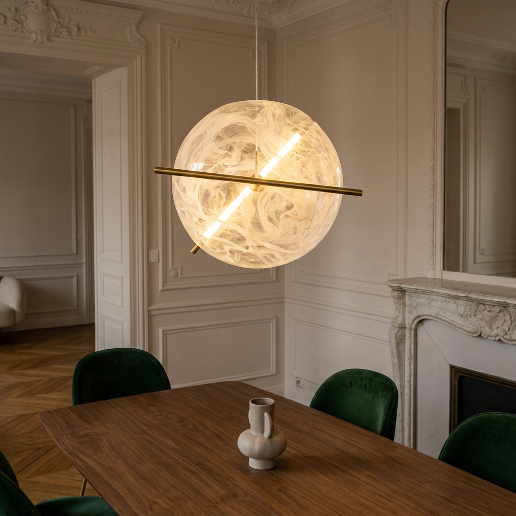 Suspension Boule Effet Albâtre & Laiton, LED Intégrée - Opal