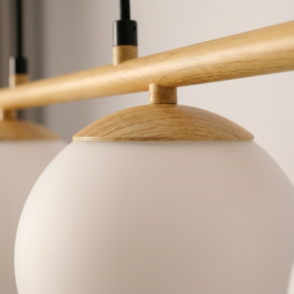 Suspension 4 Lampes en Verre, Métal Blanc & Bois - Bora