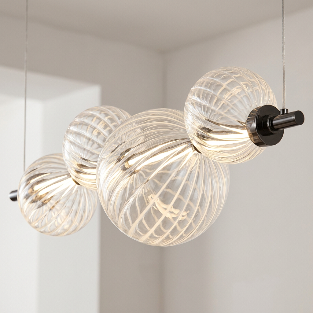 Suspension Barre 4 Sphères en Verre Torsadé, LED Intégrée - Vega