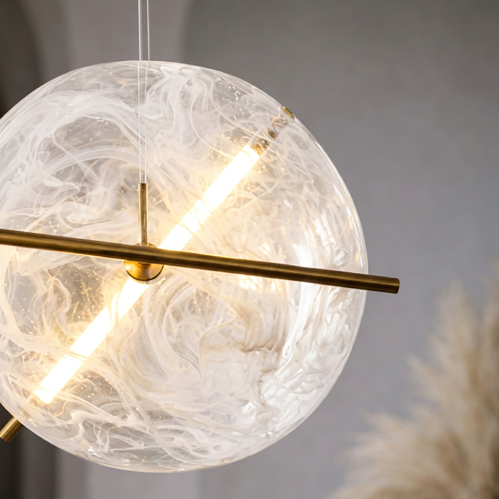 Suspension Boule Effet Albâtre & Laiton, LED Intégrée - Opal