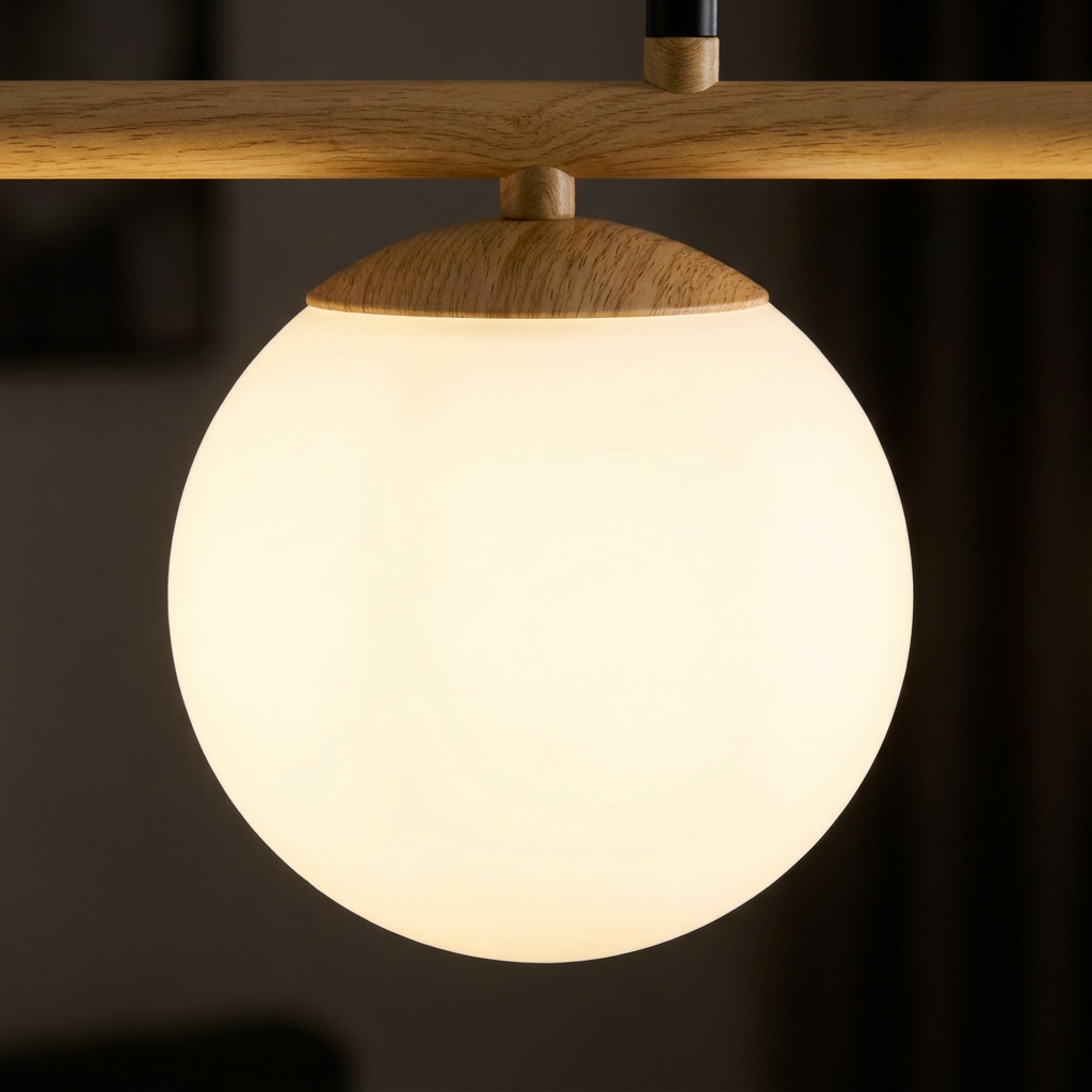 Suspension 4 Lampes en Verre, Métal Blanc & Bois - Bora