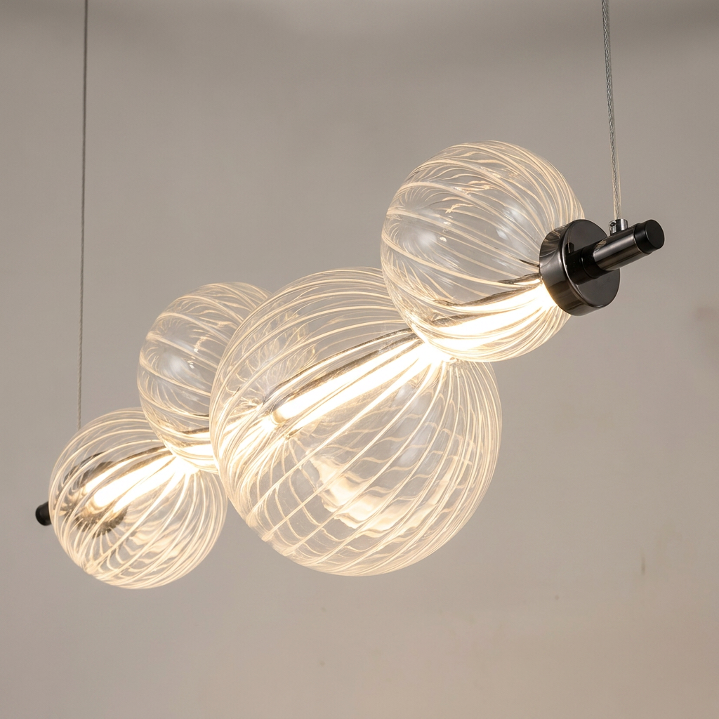 Suspension Barre 4 Sphères en Verre Torsadé, LED Intégrée - Vega