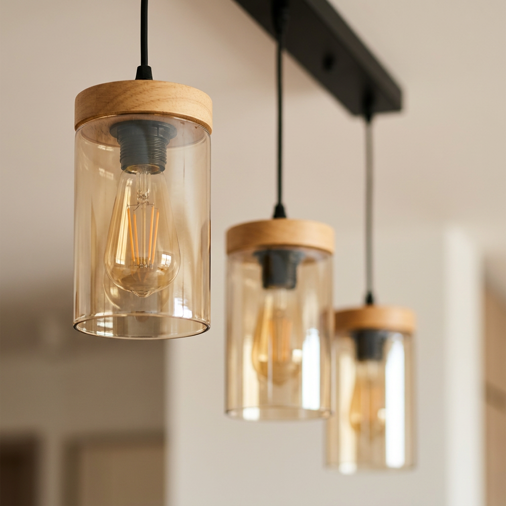 Suspension 3 Lampes en Bois Naturel & Verre Fumé - Nord