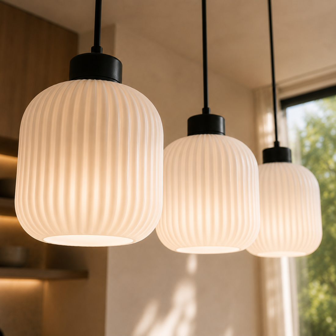 Suspension Barre 3 Lampes en Verre Opale Côtelé - Neva