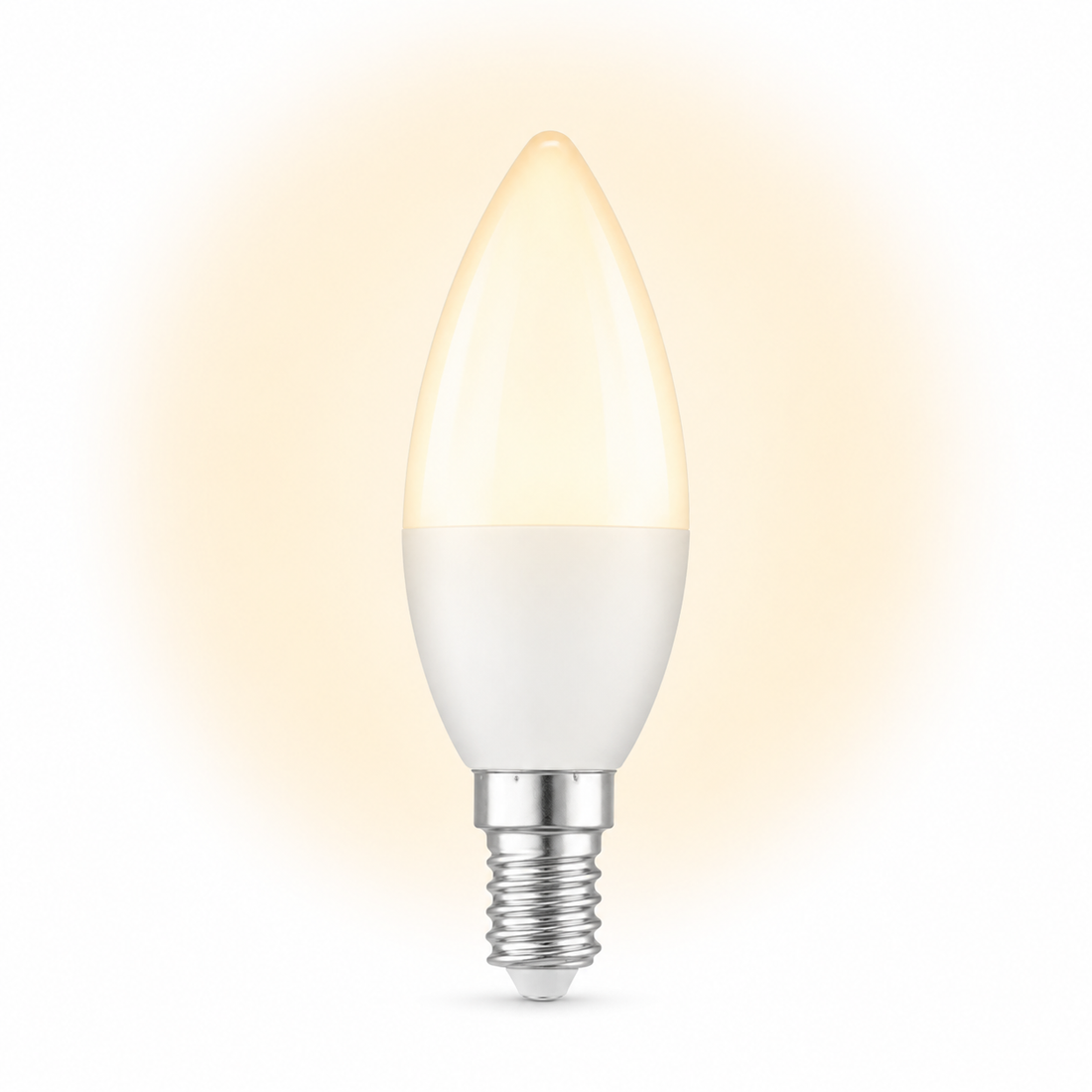 Ampoule LED flamme E14 4W blanc chaud, verre dépoli, allumée