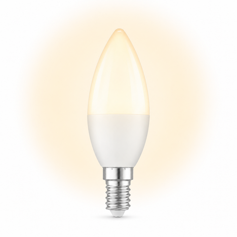 Ampoule LED flamme E14 4W blanc chaud, verre dépoli, allumée