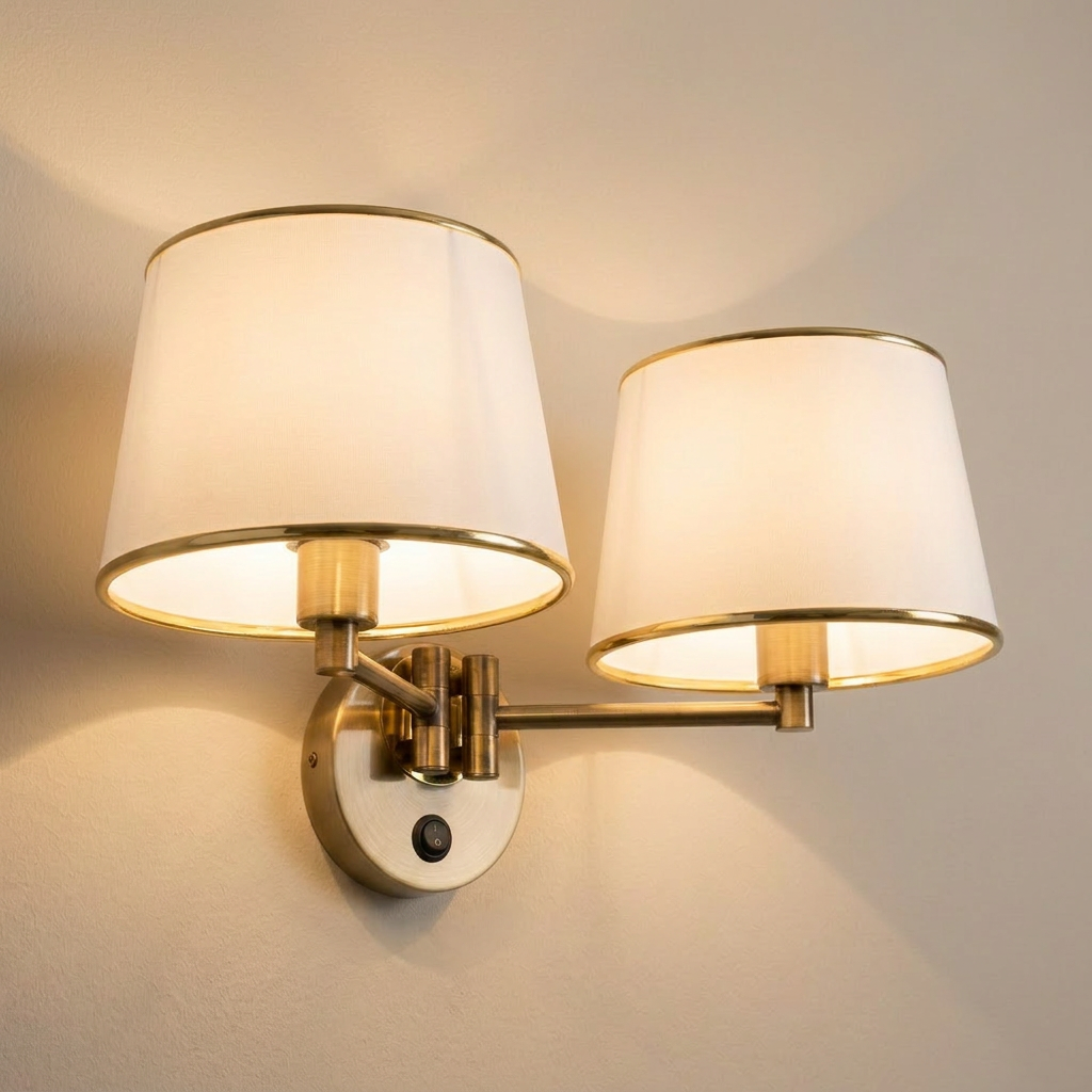 Applique murale 2 Lampes Acier Tissu Antique Laiton | Ibis — allumee en situation