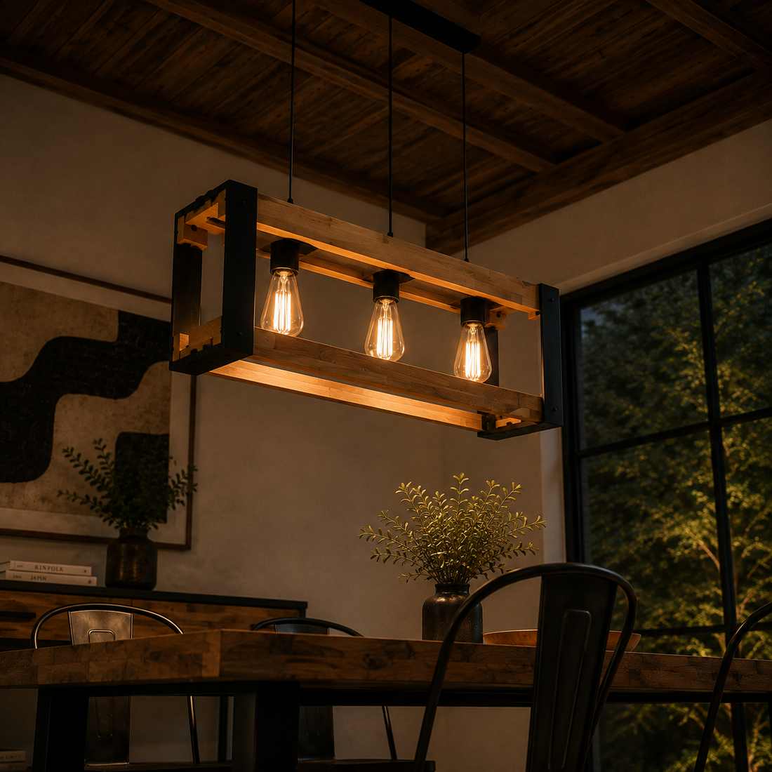 Suspension 3 Lampes en Acier & Bois - Teka