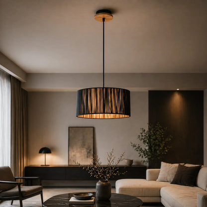 Suspension Abat-Jour Cylindrique Fils PVC Noir Bois | Kyoto