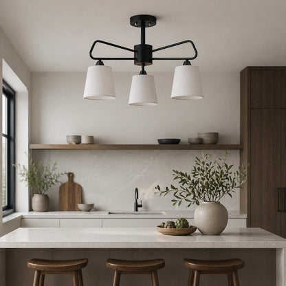 Suspension 3 Abat-Jours Tissu Blanc Structure Noire | Volta