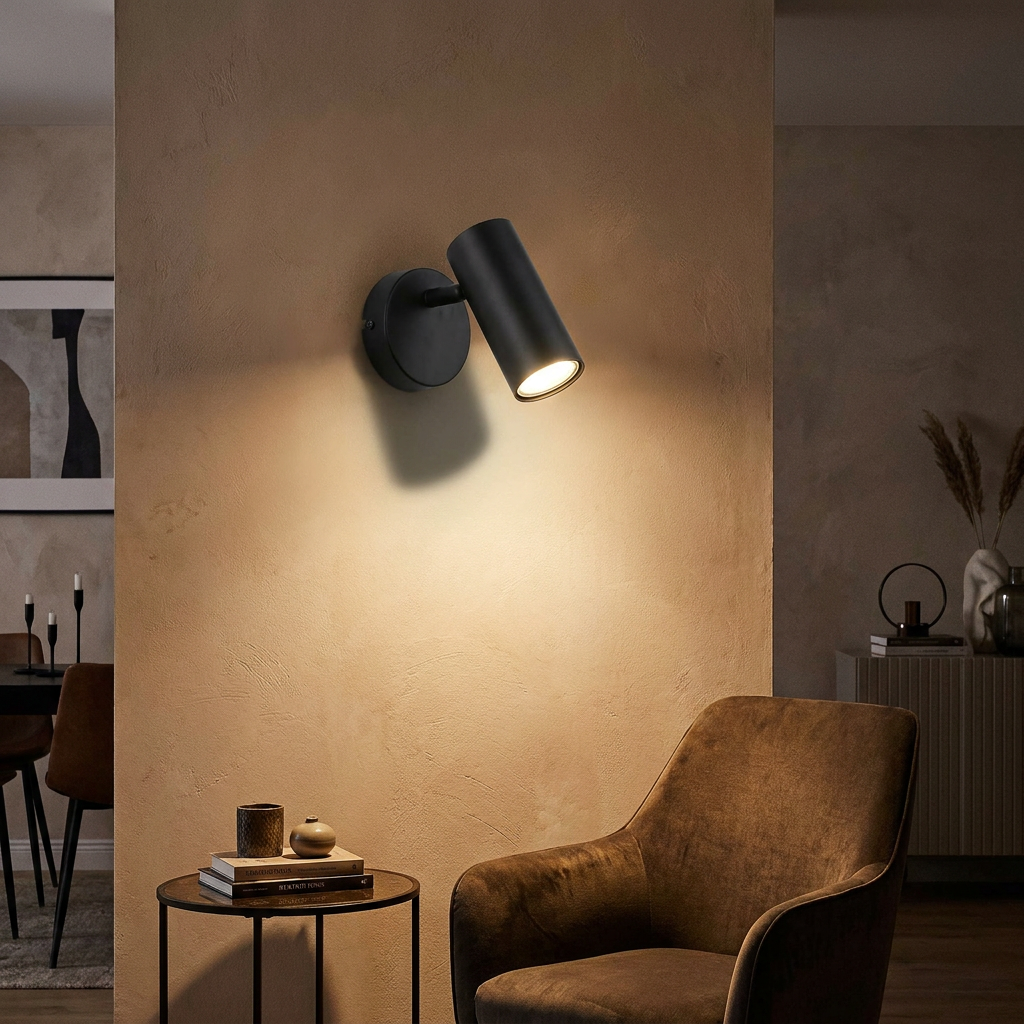Applique murale Colly noir allumée dans un intérieur chaleureux