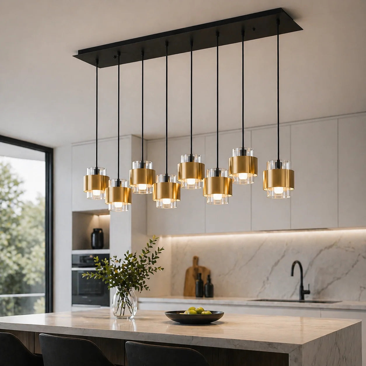Suspension 8 Lampes Verre Fumé Laiton | Gatsby