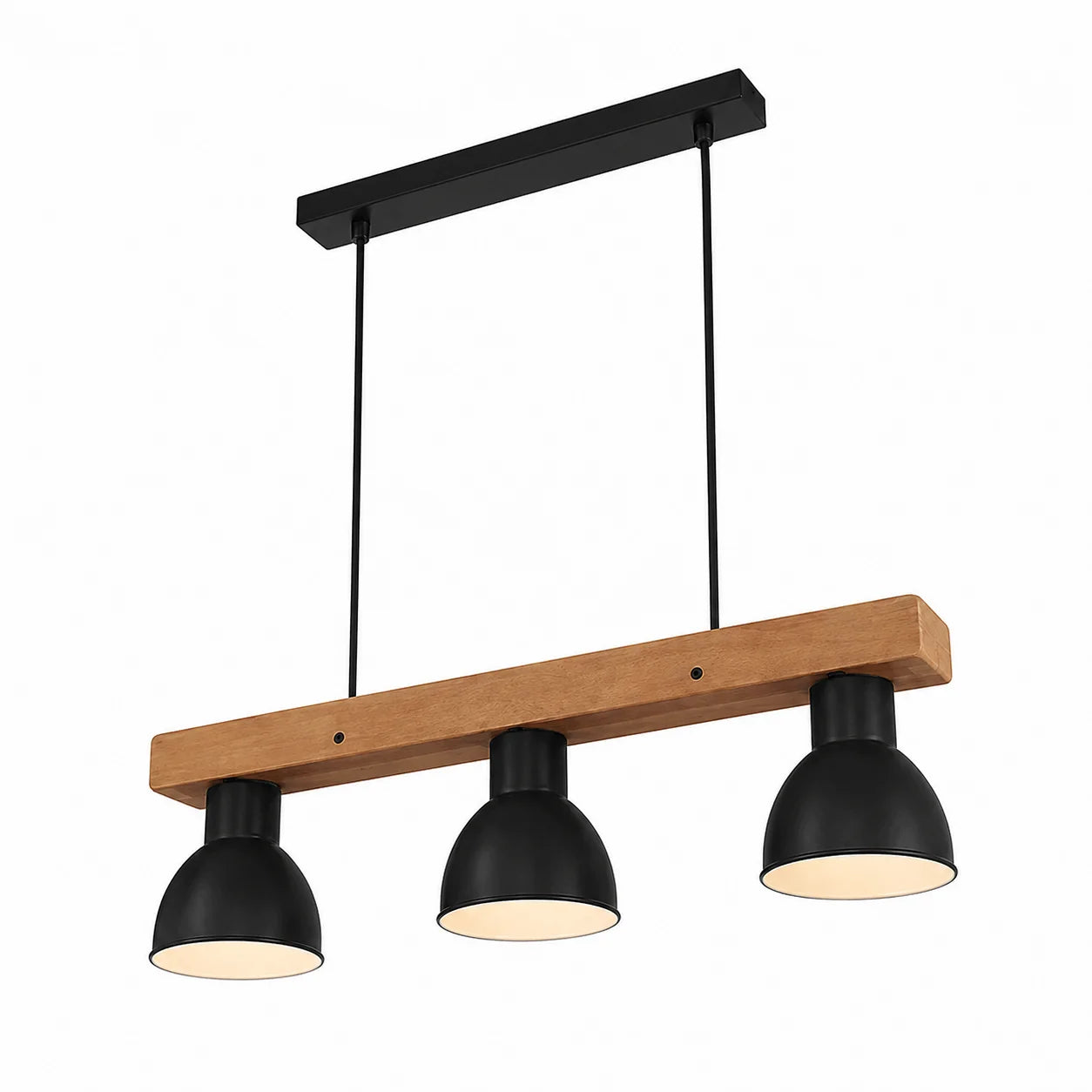 Suspension 3 Abat-Jours Métal Noir Barre Bois | Timber
