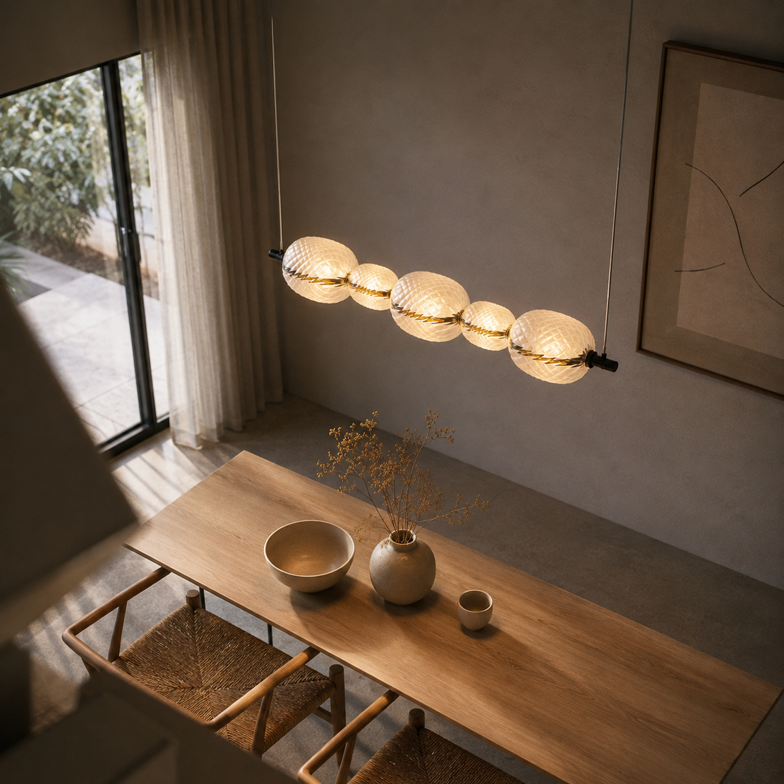Suspension Linéaire 5 Globes en Verre Soufflé Texturé, LED Intégrée - Lume