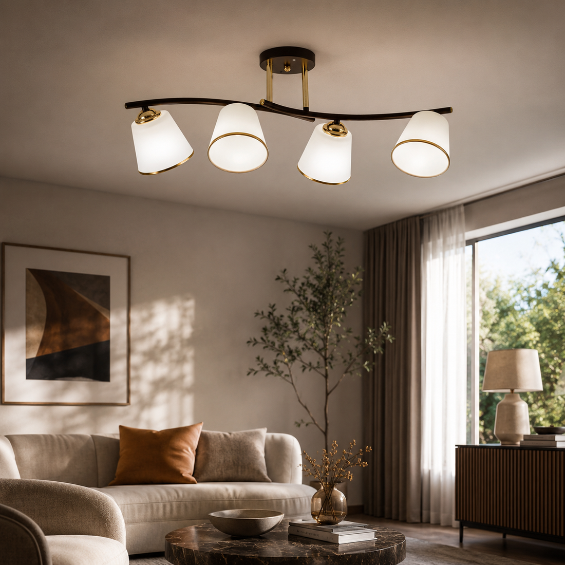 Plafonnier 4 Lampes Acier Verre
