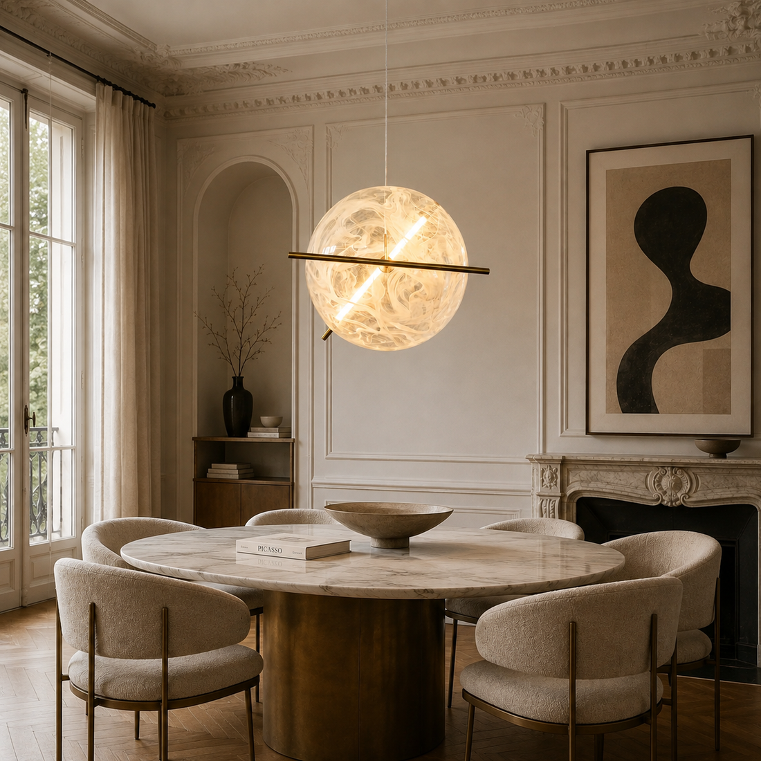 Suspension Boule Effet Albâtre & Laiton, LED Intégrée - Opal