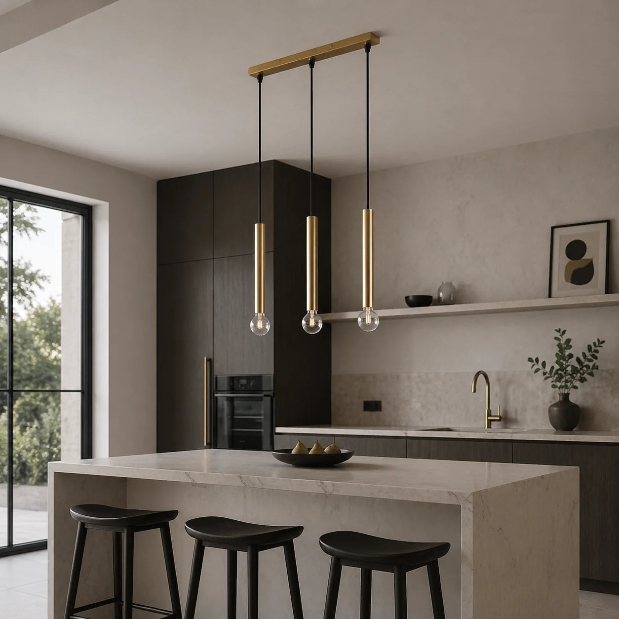 Suspension 3 Cylindres Dorés Longs Ampoules Apparentes | Dallas Long
