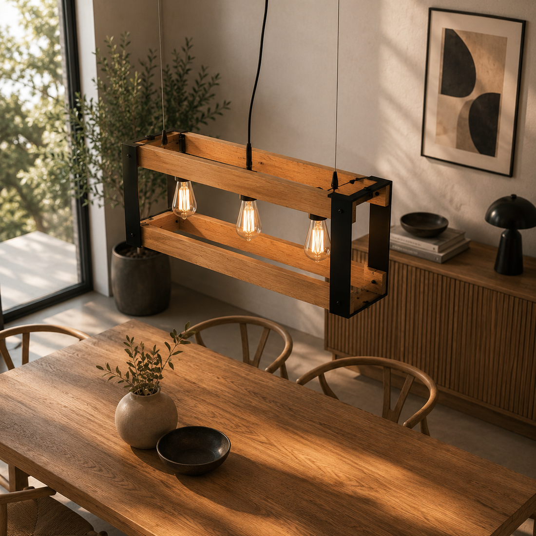 Suspension 3 Lampes en Acier & Bois - Teka