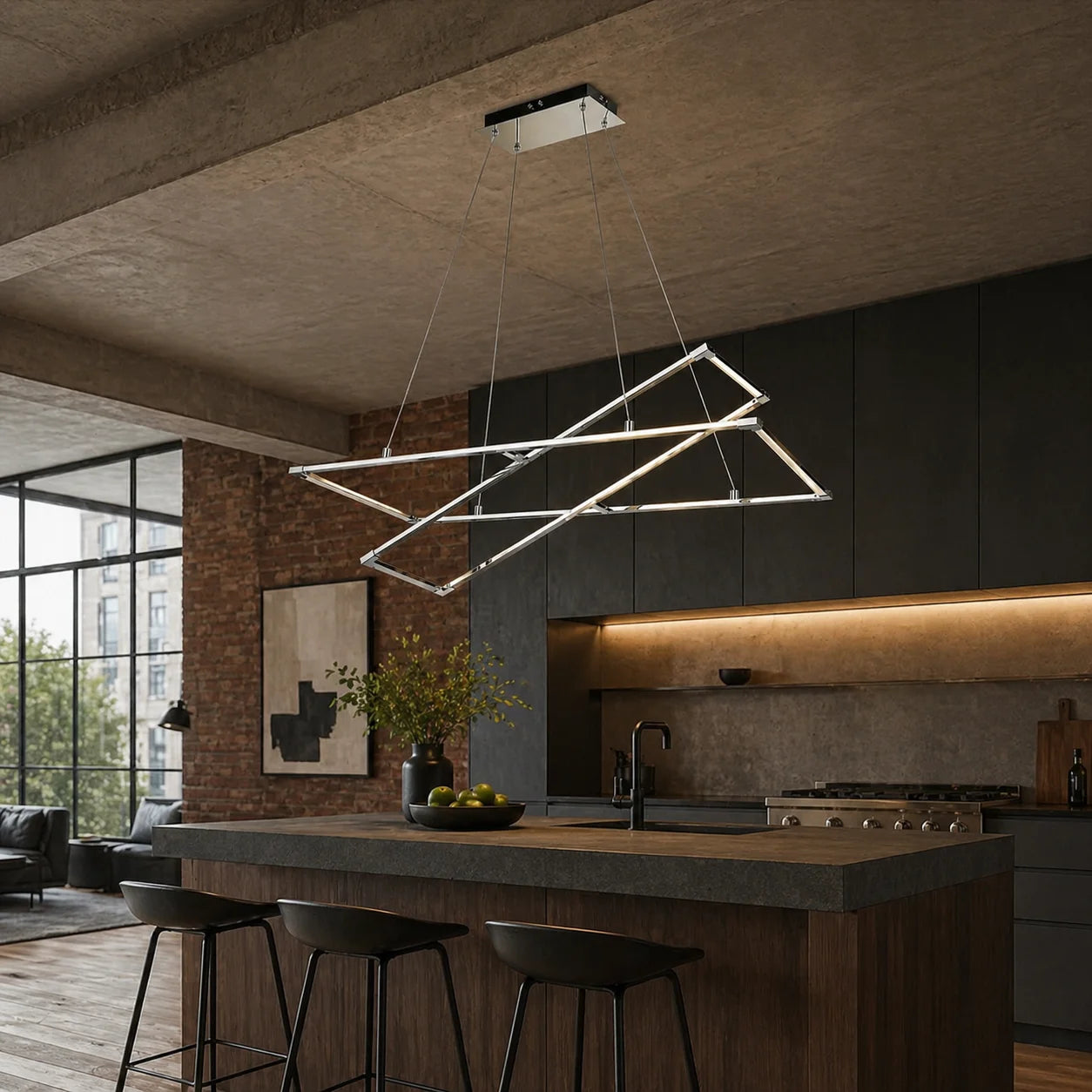 Suspension LED Double Cadre Chromé Géométrique | Nexus