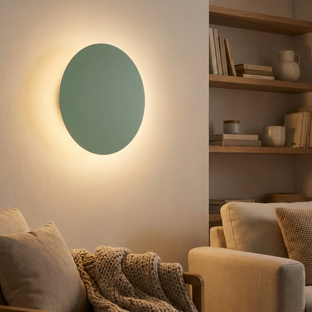 Applique murale Holar vert allumée dans un intérieur chaleureux
