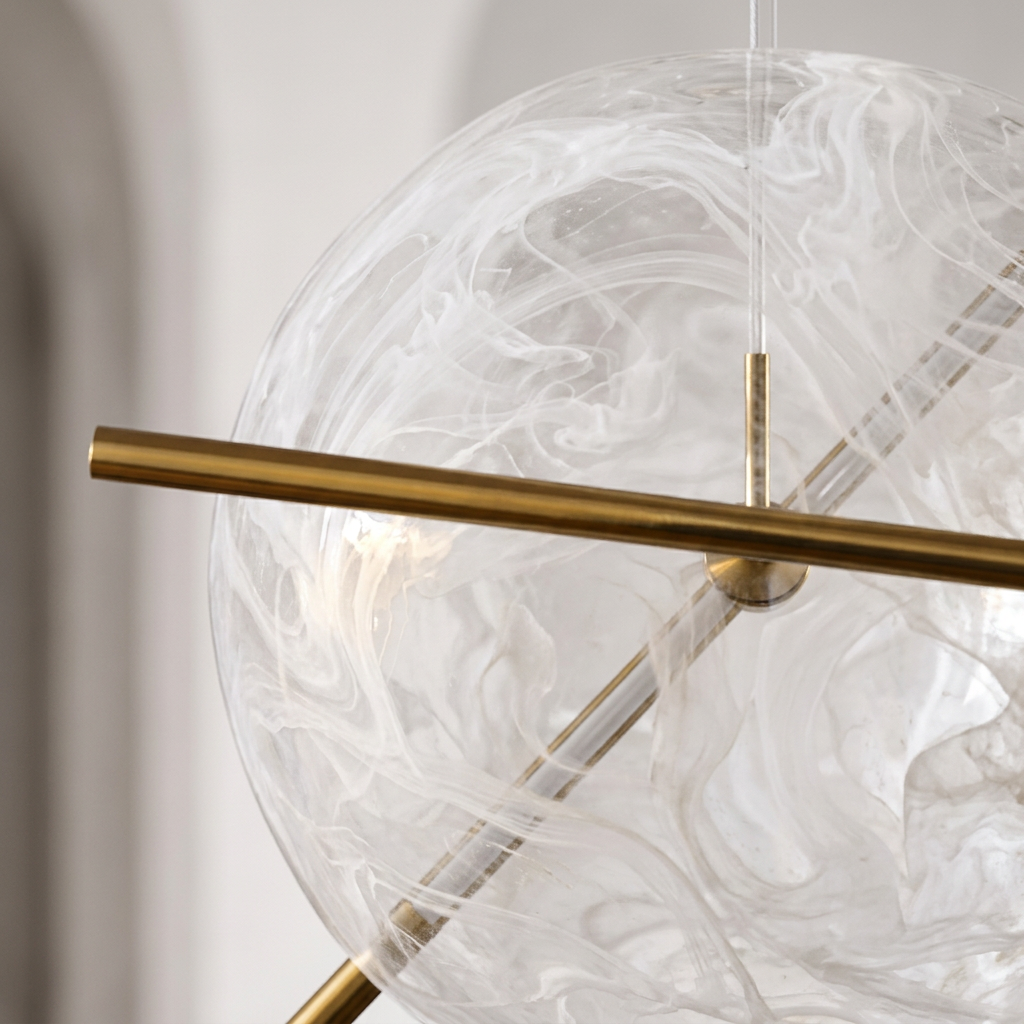Suspension Boule Effet Albâtre & Laiton, LED Intégrée - Opal